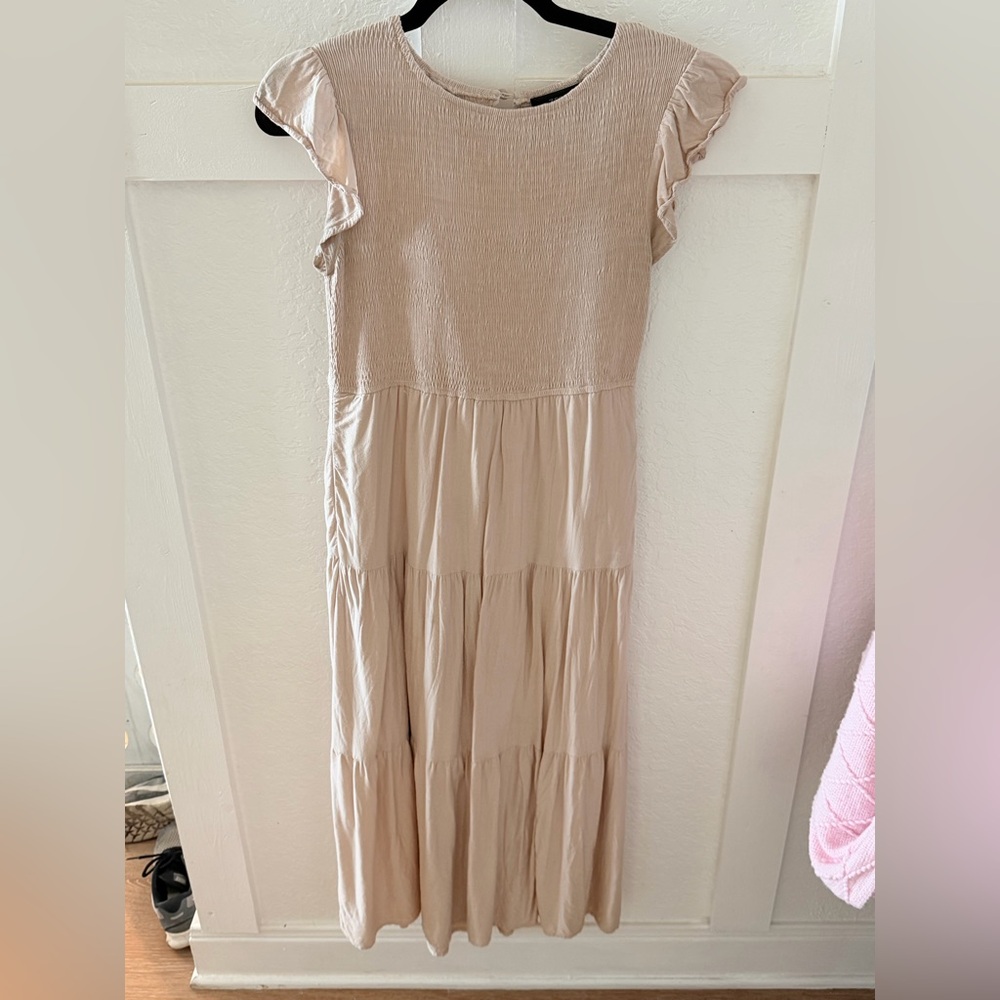 Beige Tiered Maxi Dress with Ruffle Sleeves